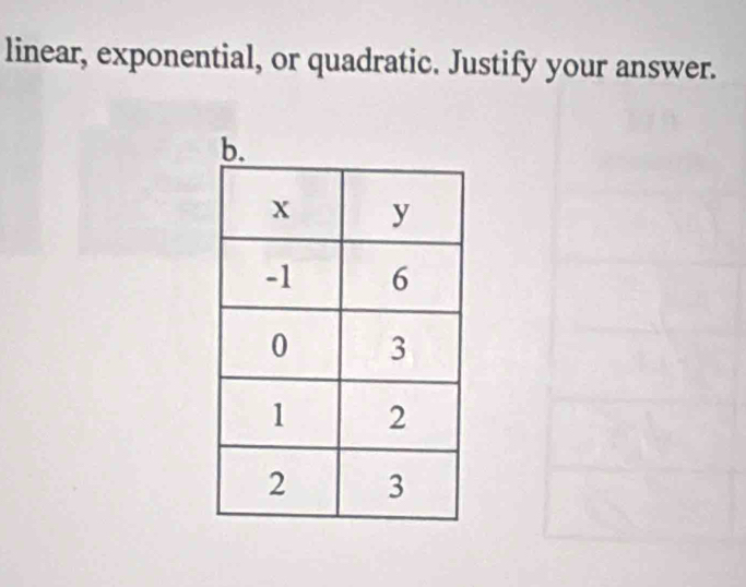 linear, exponential, or quadratic. Justify your answer.