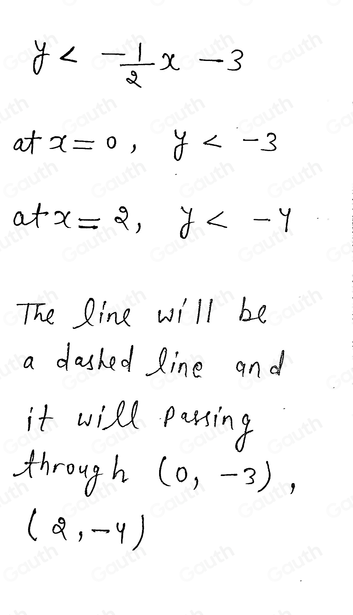 y<- 1/2 x-3
at x=0, y
a+x=2, y
The line will be 
a dasked line and 
it will passing 
through (0,-3),
(2,-4)