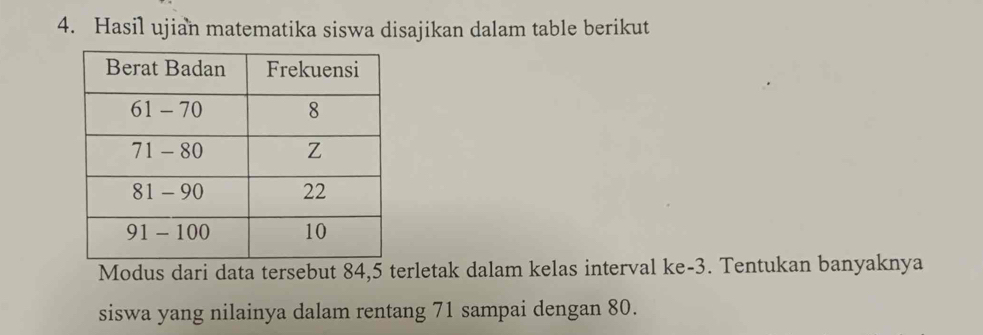 Hasil ujian matematika siswa disajikan dalam table berikut 
Modus dari data tersebut 84, 5 terletak dalam kelas interval ke -3. Tentukan banyaknya 
siswa yang nilainya dalam rentang 71 sampai dengan 80.