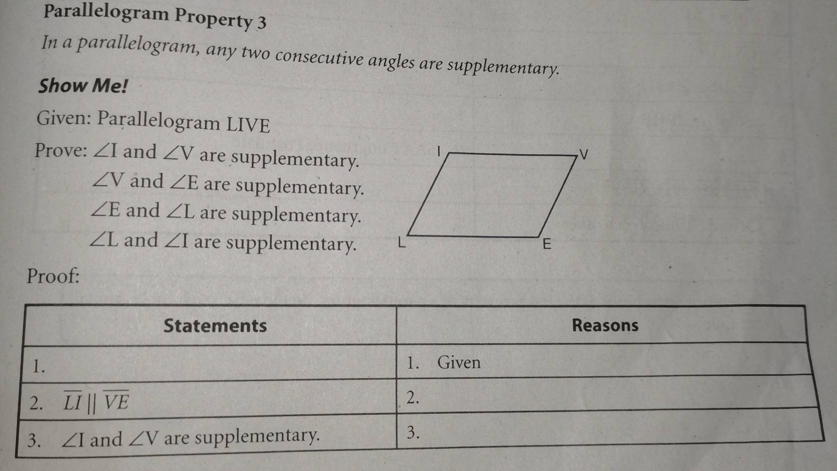 Parallelogram Property 3
In a parallelogram, any two consecutive angles are supplementary.
Show Me!
Given: Paṛallelogram LIVE
Prove: ∠ I and ∠ V are supplementary.
∠ V and ∠ E are supplementary.
∠ E and ∠ L are supplementary.
∠ L and ∠ I are supplementary. 
Proof: