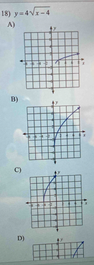 y=4sqrt(x-4)
A) 
B) 
C) 
D)
y
8
6
0