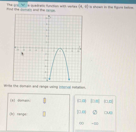 The gra a quadratic function with vertex (4,0) is shown in the figure below. 
Find the domain and the range. 
Write the domain and range using interval notation. 
(a) domain: (□ ,□ ) [□ ,□ ] (□ ,□ ]
(b) range:
(□ ,□ ) □ U□
-∞