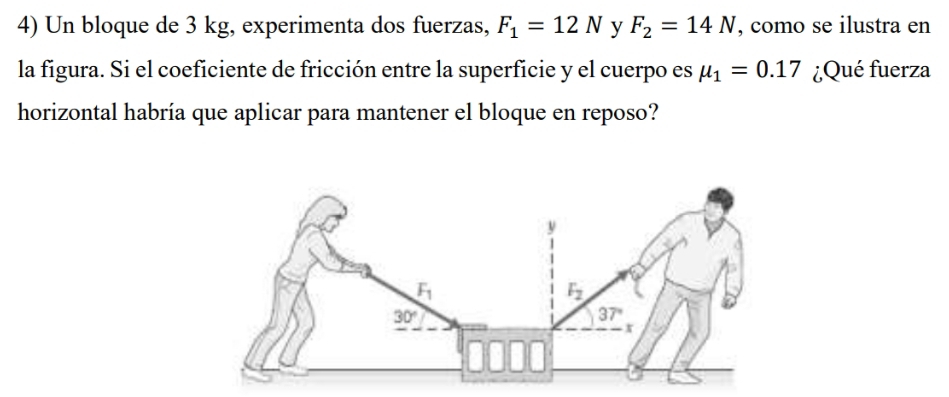 Un bloque de 3 kg, experimenta dos fuerzas, F_1=12N y F_2=14N , como se ilustra en
la figura. Si el coeficiente de fricción entre la superficie y el cuerpo es mu _1=0.17 ¿Qué fuerza
horizontal habría que aplicar para mantener el bloque en reposo?