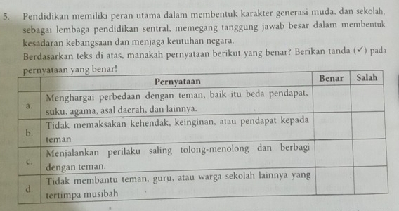 Pendidikan memiliki peran utama dalam membentuk karakter generasi muda, dan sekolah, 
sebagai lembaga pendidikan sentral, memegang tanggung jawab besar dalam membentuk 
kesadaran kebangsaan dan menjaga keutuhan negara. 
Berdasarkan teks di atas, manakah pernyataan berikut yang benar? Berikan tanda (✔) pada