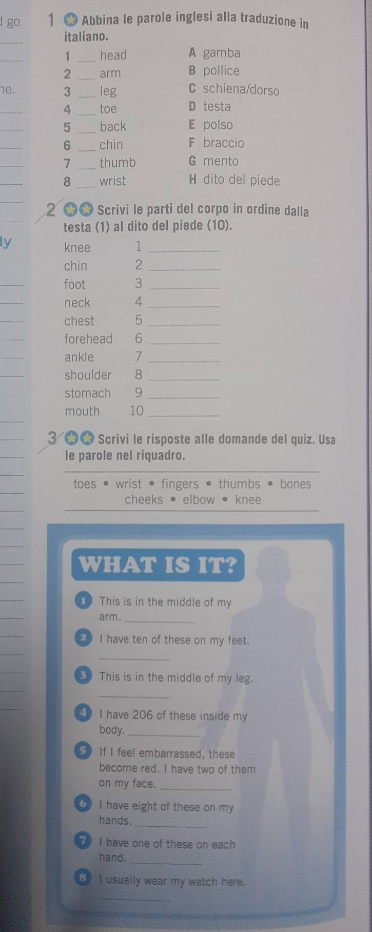 go 1 * Abbina le parole inglesi alla traduzione in
_
italiano.
_
1 _head A gamba
2 _arm B pollice
1e. 3 _leg
C schiena/dorso
_
4 _toe D testa
_
5 _back E polso
_
6 _chin F braccio
_
7 _thumb G mento
_
8 _wrist H dito del piede
_
_
2 ● Scrivi le parti del corpo in ordine dalla
testa (1) al dito del piede (10).
ly knee 1_
chin 2_
_
foot 3_
_
neck 4_
_
chest 5_
_
forehead 6_
ankle 7_
shoulder 8_
stomach 9_
mouth 10_
3 ★★ Scrivi le risposte alle domande del quiz. Usa
le parole nel riquadro.
toes • wrist • fingers • thumbs • bones
_
cheeks • elbow • knee
WHAT IS IT?
1 This is in the middle of my
arm._
I have ten of these on my feet.
_
_
_
This is in the middle of my leg.
_
_
I have 206 of these inside my
body._
5》 If I feel embarrassed, these
become red. I have two of them
on my face._
6 I have eight of these on my
hands._
7 I have one of these on each
hand._
8 I usually wear my watch here.
_