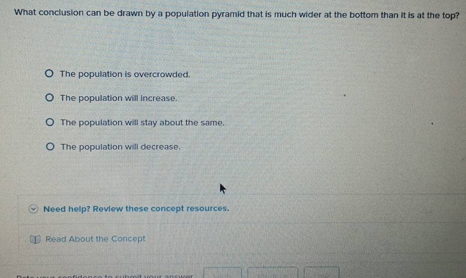 What conclusion can be drawn by a population pyramid that is much wider at the bottom than it is at the top?
The population is overcrowded.
The population will increase.
The population will stay about the same.
The population will decrease.
Need help? Review these concept resources.
Read About the Concept