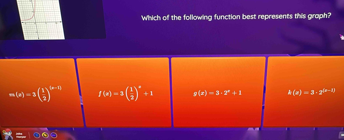 Which of the following function best represents this graph?
m(x)=3( 1/2 )^(x-1)
f(x)=3( 1/2 )^x+1
g(x)=3· 2^x+1
k(x)=3· 2^((x-1))