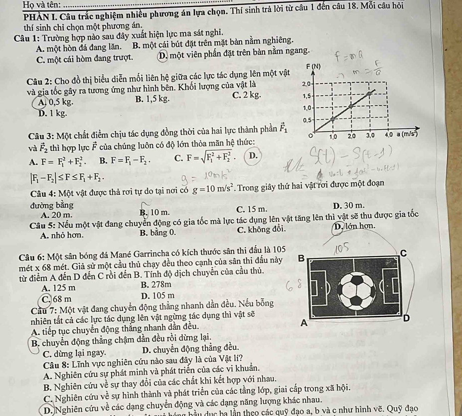 Họ và tên:_
PHÀN I. Câu trắc nghiệm nhiều phương án lựa chọn. Thí sinh trả lời từ câu 1 đến câu 18. Mỗi câu hỏi
thí sinh chỉ chọn một phương án.
Câu 1: Trường hợp nào sau đây xuất hiện lực ma sát nghi.
A. một hòn đá đang lăn. B. một cái bút đặt trên mặt bàn nằm nghiêng.
C. một cái hòm đang trượt. D. một viên phần đặt trên bàn nằm ngang.
Câu 2: Cho đồ thị biểu diễn mối liên hệ giữa các lực tác dụng lên một vật
và gia tốc gây ra tương ứng như hình bên. Khối lượng của vật là
A, 0,5 kg. B. 1,5 kg. C. 2 kg.
D. 1 kg.
Câu 3: Một chất điểm chịu tác dụng đồng thời của hai lực thành phần vector F_1
và vector F_2 thì hợp lực vector F * của chúng luôn có độ lớn thỏa mãn hệ thức:
A. F=F_1^(2+F_2^2. B. F=F_1)-F_2. C. F=sqrt (F_1)^2+F_2^2. D.
|F_1-F_2|≤ F≤ F_1+F_2.
Câu 4: Một vật được thả rơi tự do tại nơi có g=10m/s^2. Trong giây thứ hai vật rơi được một đoạn
đường bằng D. 30 m.
A. 20 m. B. 10 m. C. 15 m.
Câu 5: Nếu một vật đang chuyển động có gia tốc mà lực tác dụng lên vật tăng lên thì vật sẽ thu được gia tốc
A. nhỏ hơn. B. bằng 0. C. không đổi. D. lớn hơn.
Câu 6: Một sân bóng đá Mané Garrincha có kích thước sân thi đấu là 105
mét x 68 mét. Giả sử một cầu thủ chạy đều theo cạnh của sân thi đấu này 
từ điểm A đến D đến C rồi đến B. Tính độ dịch chuyển của cầu thủ.
A. 125 m B. 278m
C. 68 m D. 105 m
Cầu 7: Một vật đang chuyển động thẳng nhanh dần đều. Nếu bỗng
nhiên tất cả các lực tác dụng lên vật ngừng tác dụng thì vật sẽ
A. tiếp tục chuyển động thắng nhanh dần đều.
B. chuyển động thẳng chậm dần đều rồi dừng lại.
C. dừng lại ngay. D. chuyển động thẳng đều.
Câu 8: Lĩnh vực nghiên cứu nào sau đây là của Vật lí?
A. Nghiên cứu sự phát minh và phát triển của các vi khuẩn.
B. Nghiên cứu về sự thay đổi của các chất khi kết hợp với nhau.
C. Nghiên cứu về sự hình thành và phát triển của các tầng lớp, giai cấp trong xã hội.
D. Nghiên cứu về các dạng chuyển động và các dạng năng lượng khác nhau.
bầu dục ha lần theo các quỹ đạo a, b và c như hình vẽ. Quỹ đạo