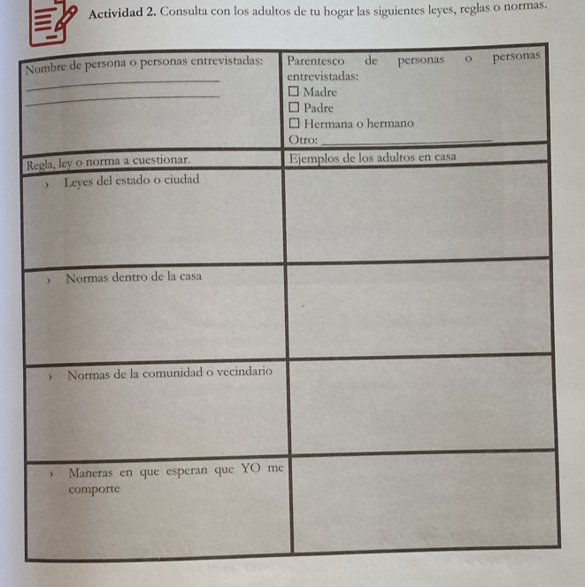 Actividad 2. Consulta con los adultos de tu hogar las siguientes leyes, reglas o normas. 
a