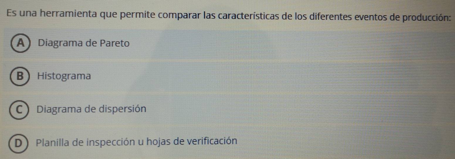 Es una herramienta que permite comparar las características de los diferentes eventos de producción:
A) Diagrama de Pareto
B Histograma
C  Diagrama de dispersión
D) Planilla de inspección u hojas de verificación