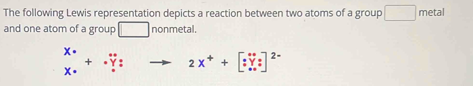 The following Lewis representation depicts a reaction between two atoms of a group □ metal 
and one atom of a group □ nonmetal. 
_(X·)^(X·)+_(· 0)^(· 0^(·):+2X^+)+[_(· 0)^(·)Y_(· 0)^(_·)^-