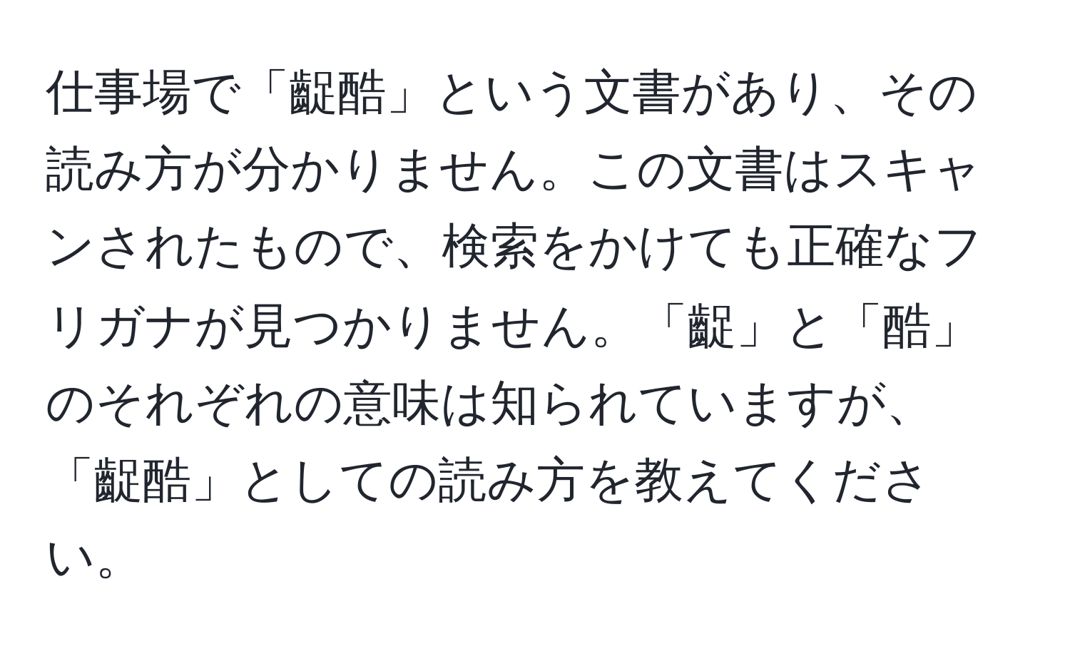 仕事場で「齪酷」という文書があり、その読み方が分かりません。この文書はスキャンされたもので、検索をかけても正確なフリガナが見つかりません。「齪」と「酷」のそれぞれの意味は知られていますが、「齪酷」としての読み方を教えてください。