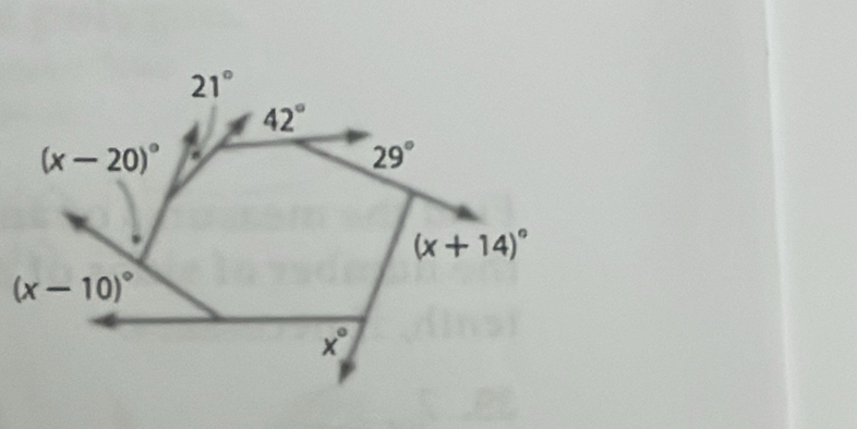 21°
42°
(x-20)^circ  #
29°
(x+14)^circ 
(x-10)^circ 
x°