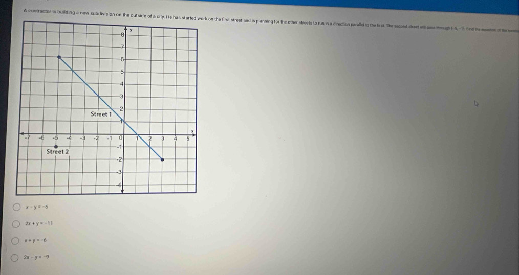 A contractor is building a new subdivision on the outside of a city. He has started work on the first street and is planning for the other streets to run in a direction parallel to the first. The second street wllom theug (-5,-1) Find the mousition of the locss
x-y=-6
2x+y=-11
x+y=-6
2x-y=-9