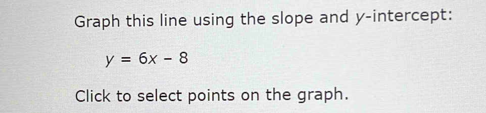 Graph this line using the slope and y-intercept:
y=6x-8
Click to select points on the graph.