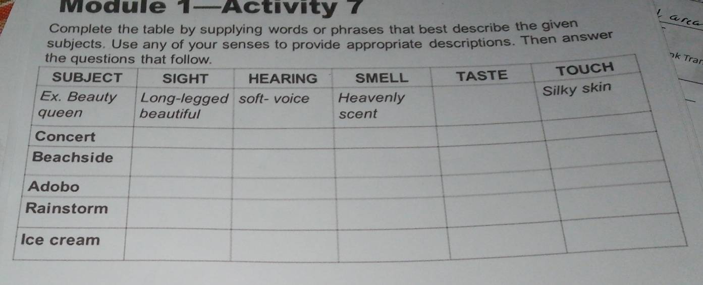 Module 1-Activity 7 
l ara 
Complete the table by supplying words or phrases that best describe the given 
subjects. Use any of your senses to provide appropriate descriptions. Then answer 
rar