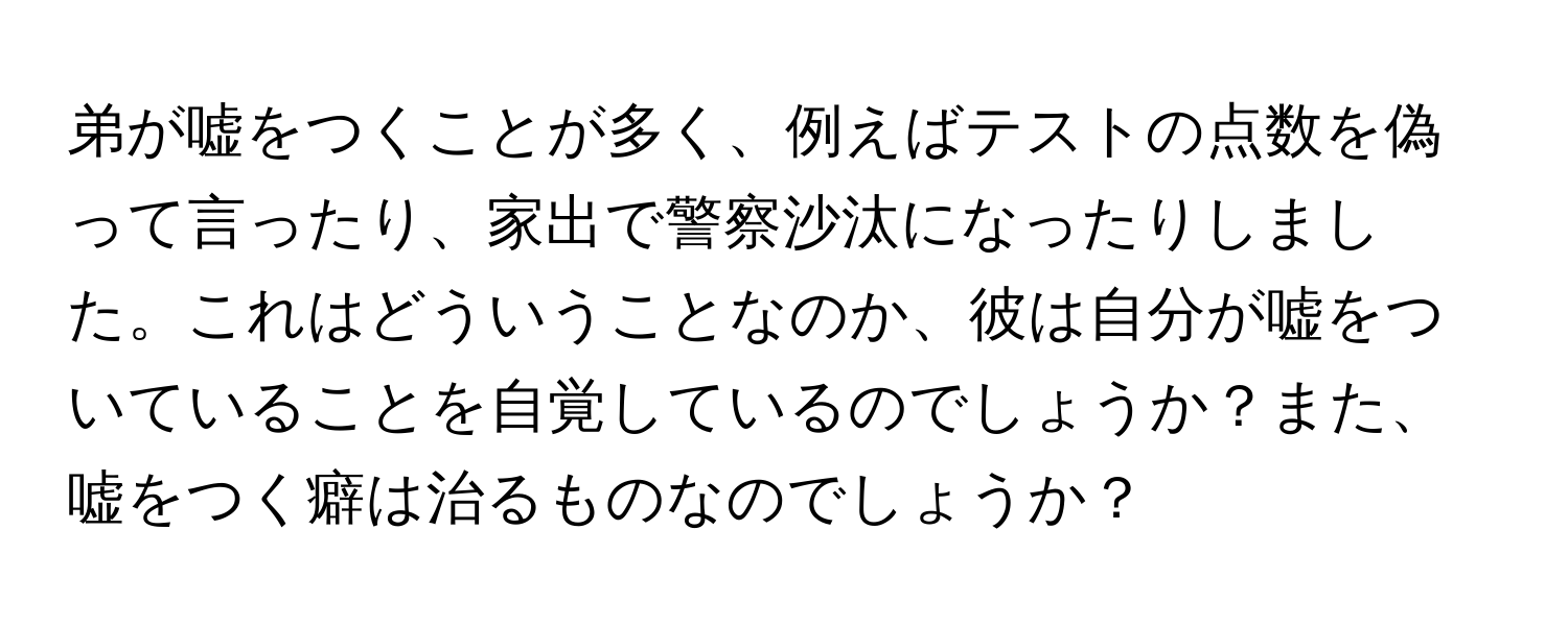 弟が嘘をつくことが多く、例えばテストの点数を偽って言ったり、家出で警察沙汰になったりしました。これはどういうことなのか、彼は自分が嘘をついていることを自覚しているのでしょうか？また、嘘をつく癖は治るものなのでしょうか？