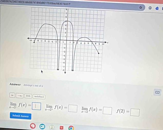 3493974/24074023/abc6b741890d801f535bec98307dc07f
Answer Attempt 1 out of 2
∞ -∞ DNE undefined
limlimits _xto 2^-f(x)= limlimits _xto 2^+f(x)=□ limlimits _xto 2f(x)=□ f(2)=□
Submit Answer