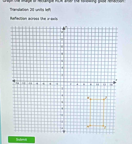 Graph the image of rectangle ADK after the following glide refection: 
Translation 20 units left 
Reflection across the x-axis