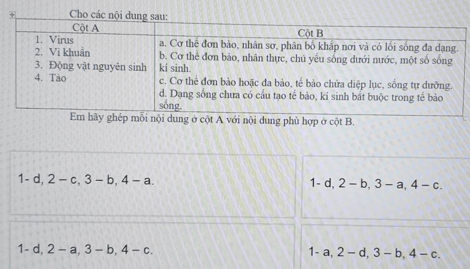 ới nội dung phù hợp ở cột B.
1-d, 2-c, 3-b, 4-a.
1-d, 2-b, 3-a, 4-c.
1-d, 2-a, 3-b, 4-c.
1 - a, 2-d, 3-b, 4-c.