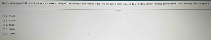 Geoff is willing to pay $18 for a sixth entrance to a mountain bike park. The market price for entrance is $15. The bike park is willing to accept $9.5. The total economic surplus generated from Geoff's sixth trip to the bike park is
A. S1B 00
B. $15.00
C. $5.50
D. S8.50.
E. $3.00