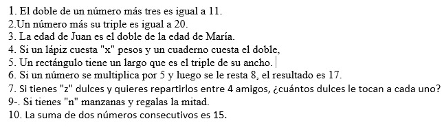 El doble de un número más tres es igual a 11. 
2.Un número más su triple es igual a 20. 
3. La edad de Juan es el doble de la edad de María. 
4. Si un lápiz cuesta "x" pesos y un cuaderno cuesta el doble, 
5. Un rectángulo tiene un largo que es el triple de su ancho. 
6. Si un número se multiplica por 5 y luego se le resta 8, el resultado es 17. 
7. Si tienes "z" dulces y quieres repartirlos entre 4 amigos, ¿cuántos dulces le tocan a cada uno? 
9-. Si tienes "n" manzanas y regalas la mitad. 
10. La suma de dos números consecutivos es 15.