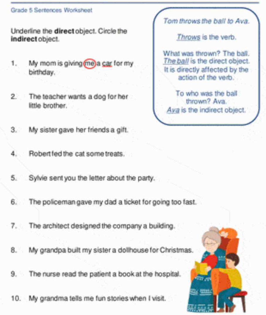 Grade 5 Sentences Worksheet 
Tom throws the ball to Ava. 
Underline the direct object. Circle the 
indirect object. 
Throws is the verb. 
What was thrown? The ball. 
1. My mom is giving me a car for my The ball is the direct object. 
birthday. 
It is directly affected by the 
action of the verb. 
2. The teacher wants a dog for her 
To who was the ball 
thrown? Ava. 
little brother. 
Ava is the indirect object. 
3. My sister gave her friends a gift. 
4. Robert fed the cat some treats. 
5. Sylvie sent you the letter about the party. 
6. The policeman gave my dad a ticket for going too fast. 
7. The architect designed the company a building. 
8. My grandpa built my sister a dollhouse for Christm 
9. The nurse read the patient a book at the hospital. 
10. My grandma tells me fun stories when I visit.