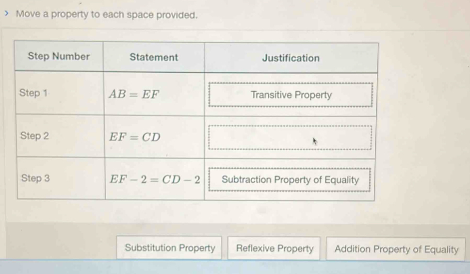 Move a property to each space provided.
Substitution Property Reflexive Property Addition Property of Equality