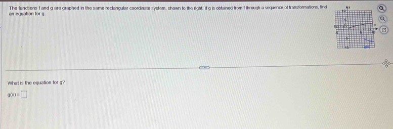 The functions f and g are graphed in the same rectangular coordinate system, shown to the right. If g is obtained from f through a sequence of transformations, find a 
an equation for g. 
Q 
What is the equation for g?
g(x)=□