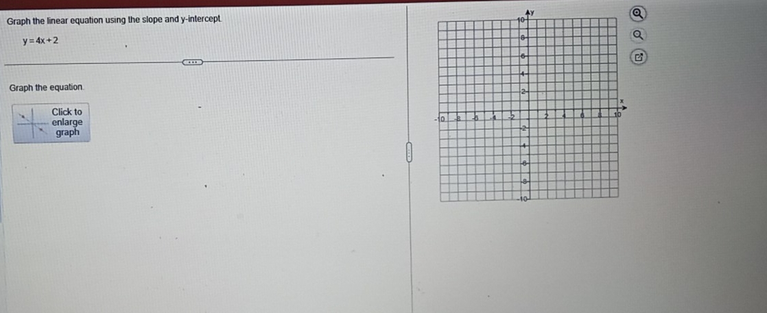 Graph the linear equation using the slope and y-intercept 
Q
y=4x+2
Q 
Graph the equation 
Click to 
`` enlarge 
graph