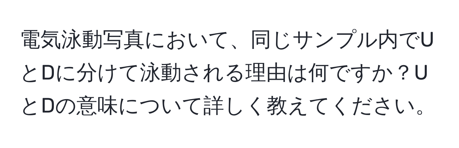 電気泳動写真において、同じサンプル内でUとDに分けて泳動される理由は何ですか？UとDの意味について詳しく教えてください。