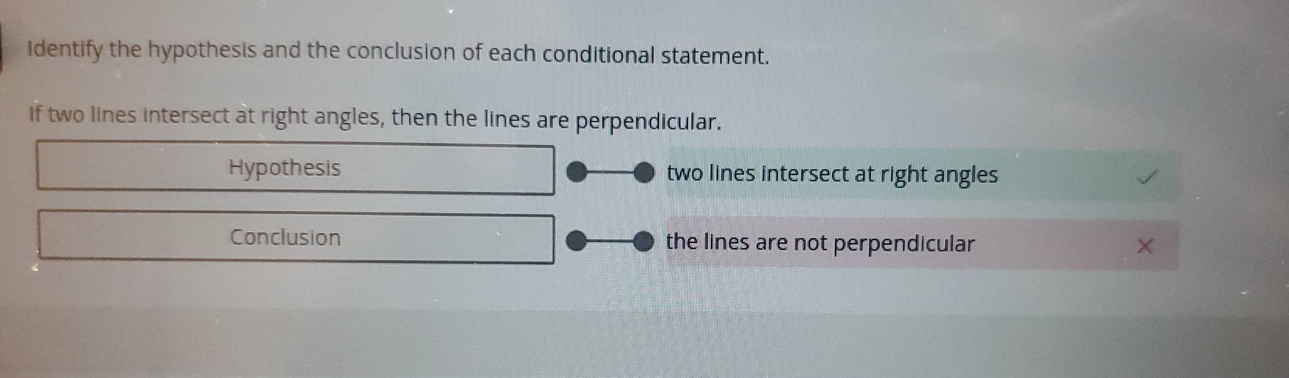 Identify the hypothesis and the conclusion of each conditional statement.
If two lines intersect at right angles, then the lines are perpendicular.
Hypothesis two lines intersect at right angles
Conclusion the lines are not perpendicular