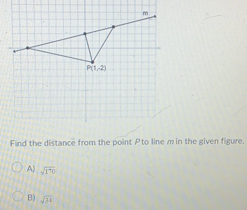 Find the distance from the point Pto line min the given figure.
A) sqrt(170)
B) sqrt(34)