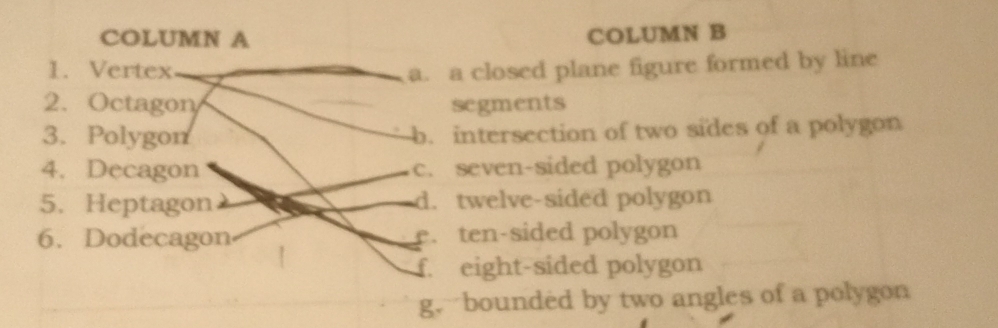 COLUMN A COLUMN B
1. Vertex a. a closed plane figure formed by line
2. Octagon segments
3. Polygon b. intersection of two sides of a polygon
4. Decagon c. seven-sided polygon
5. Heptagon d. twelve-sided polygon
6. Dodecagon e. ten-sided polygon
f. eight-sided polygon
g. bounded by two angles of a polygon