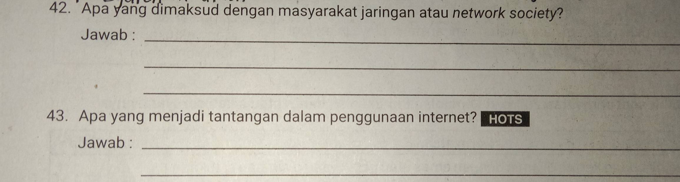 Apa yang dimaksud dengan masyarakat jaringan atau network society? 
Jawab :_ 
_ 
_ 
43. Apa yang menjadi tantangan dalam penggunaan internet? HOTS 
Jawab :_ 
_