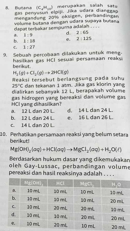 Butana (C_4H_10) merupakan salah satu
gas penyusun elpiji. Jika udara dianggap
mengandung 20% oksigen, perbandingan
volume butana dengan udara supaya butana
dapat terbakar sempurna adalah . . . .
a. 1:9
d. 2:65
b. 1:18
e. 2:125
C. 1:27
9. Sebuah percobaan dilakukan untuk meng-
hasilkan gas HCl sesuai persamaan reaksi
berikut.
H_2(g)+Cl_2(g)to 2HCl(g)
Reaksi tersebut berlangsung pada suhu
25°C dan tekanan 1 atm. Jika gas klorin yang
dialirkan sebanyak 12 L, berapakah volume
gas hidrogen yang bereaksi dan volume gas
HCl yang dihasilkan?
a. 12 L dan 20 L. d. 14 L dan 24 L.
b. 12 L dan 24 L. e. 16 L dan 26 L.
c. 14 L dan 20 L.
10. Perhatikan persamaan reaksi yang belum setara
berikut!
Mg(OH)_2(aq)+HCl(aq)to MgCl_2(aq)+H_2O(ell )
Berdasarkan hukum dasar yang dikemukakan
oleh Gay-Lussac, perbandingan volume
pereaksi dan hasil reaksinya adalah . . . .