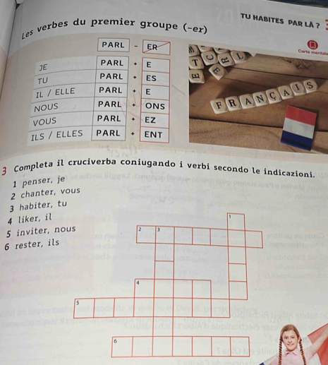 TU HABITES PAR LÀ ? 
Les verbes du premier groupe (-er) 
PARL - ER 
Carta ment 
JE PARL E 
TU PARL ES 
IL / ELLE PARL E 
NOUS PARL ONS 
voUs PARL EZ 
ILS / ELLES PARL ENT 
3 Completa il cruciverba coniugando i verbi secondo le indicazioni. 
2 chanter, vous 1 penser, je
3 habiter, tu 
4 liker, il 
5 inviter, nous 
6 rester, ils 
6