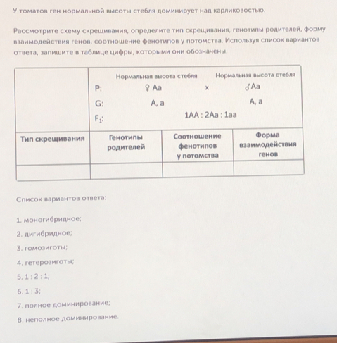 У томатов ген нормальной высоты стебля доминирует надкарликовостыо.
Ρассмотриτе схему скрешивания, определите τиπ скрешивания, генотилы родителей, φорму
взаимодействия генов, соотношение фенотипов у потомства. Используя слисох вариантов
ответа, загишите в таблице циφры, коτорыми они обозначены.
Слисок вариантов ответа:
1. моногибридное;
2. дигибридное;
3. romoзигotы;
4. reтерозиготы;
5. 1:2:1;
6. 1:3;
7. полное доминирование;
8. неполное доминирование.