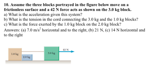 Assume the three blocks portrayed in the figure below move on a 
frictionless surface and a 42 N force acts as shown on the 3.0 kg block. 
a) What is the acceleration given this system? 
b) What is the tension in the cord connecting the 3.0 kg and the 1.0 kg blocks? 
c) What is the force exerted by the 1.0 kg block on the 2.0 kg block? 
Answers: (a) 7.0m/s^2 horizontal and to the right, (b) 21 N, (c) 14 N horizontal and 
to the right