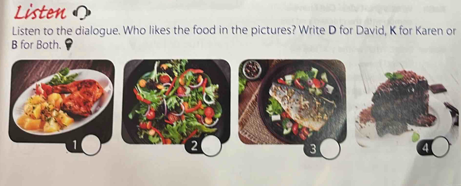 Listen 
Listen to the dialogue. Who likes the food in the pictures? Write D for David, K for Karen or 
B for Both.