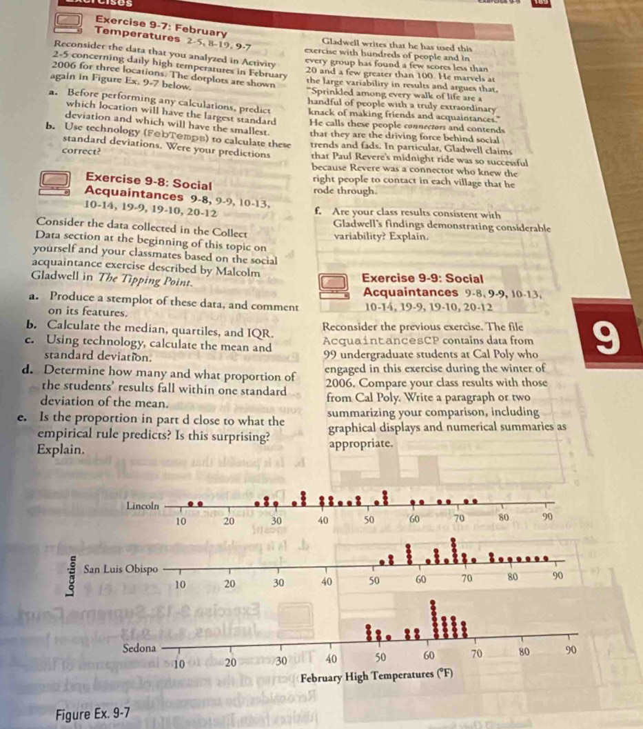Exercise 9-7: February
Temperatures 2-5, 8-19, 9-7
Gladwell writes that he has used this
Reconsider the data that you analyzed in Activity
exercise with hundreds of people and in
every group has found a few scores less than
2-5 concerning daily high temperatures in February
20 and a few greater than 100. He marvels at
2006 for three locations. The dotplots are shown
the large variabiliry in results and argues that.
again in Figure Ex. 9-7 below. "Sprinkled among every walk of life are a
a. Before performing any calculations, predict handful of people with a truly extraordinary
which location will have the largest standard
knack of making friends and acquaintances."
deviation and which will have the smallest. He calls these people connectors and contends
that they are the driving force behind social
b. Use technology (F@bT@mps) to calculate these trends and fads. In particular, Gladwell claims
standard deviations. Were your predictions that Paul Revere's midnight ride was so successful
correct? because Revere was a connector who knew the
right people to contact in each village that he
Exercise 9-8: Social rode through.
Acquaintances 9-8, 9-9, 10-13,
10-14, 19-9, 19-10, 20-12
f. Are your class results consistent with
Gladwell's findings demonstrating considerable
Consider the data collected in the Collect
variability? Explain.
Data section at the beginning of this topic on
yourself and your classmates based on the social
acquaintance exercise described by Malcolm
Gladwell in The Tipping Point.
Exercise 9-9: Social
Acquaintances 9-8, 9-9, 10-13,
a. Produce a stemplot of these data, and comment 10-14, 19-9, 19-10, 20-12
on its features
b. Calculate the median, quartiles, and IQR. Reconsider the previous exercise. The file
c. Using technology, calculate the mean and AcquaintancesCP contains data from 9
standard deviation. 99 undergraduate students at Cal Poly who
d. Determine how many and what proportion of engaged in this exercise during the winter of
the students' results fall within one standard 2006. Compare your class results with those
deviation of the mean. from Cal Poly, Write a paragraph or two
e. Is the proportion in part d close to what the summarizing your comparison, including
empirical rule predicts? Is this surprising? graphical displays and numerical summaries as
Explain. appropriate.
San Luis Obispo
Figure Ex. 9-7