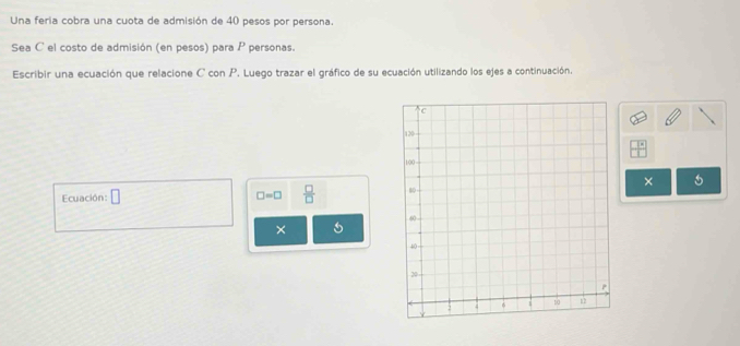 Una feria cobra una cuota de admisión de 40 pesos por persona. 
Sea C el costo de admisión (en pesos) para P personas. 
Escribir una ecuación que relacione C con P. Luego trazar el gráfico de su ecuación utilizando los ejes a continuación. 
× 5 
Ecuación: □ □ =□  □ /□  
×