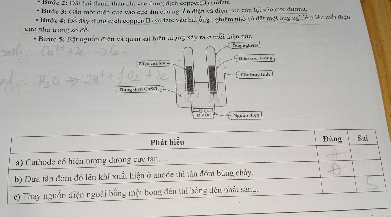 Bước 2: Đặt hai thanh than chì vào dung dịch copper(II) sulfate. 
Bước 3: Gắn một điện cực vào cực âm của nguồn điện và điện cực còn lại vào cực dương. 
Bước 4: Đổ đầy dung dịch copper(II) sulfate vào hai ống nghiệm nhỏ và đặt một ống nghiệm lên mỗi điện 
cực như trong sơ đồ. 
Bước 5: Bật nguồn điện và quan sát hiện tượng xảy ra ở mỗi điện cực. 
Phát biểu Đúng Sai 
a) Cathode có hiện tượng dương cực tan. 
b) Đưa tàn đóm đỏ lên khí xuất hiện ở anode thì tàn đóm bùng cháy. 
c) Thay nguồn điện ngoài bằng một bóng đèn thì bóng đèn phát sáng.