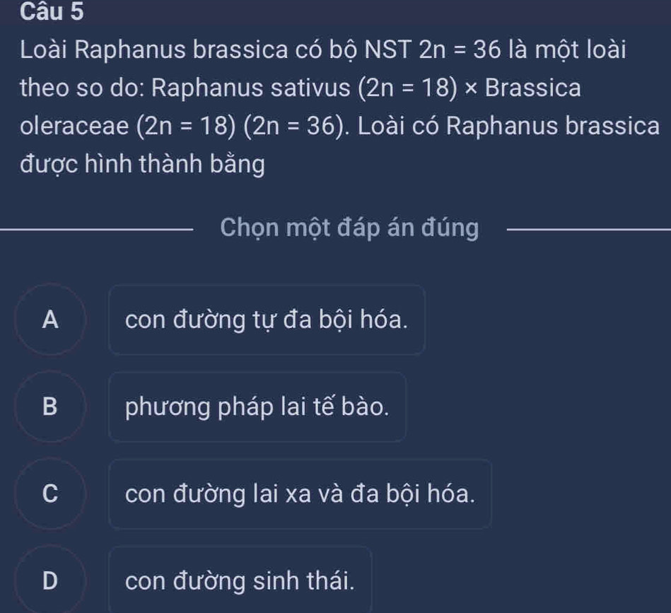 Loài Raphanus brassica có bộ NST 2n=36 là một loài
theo so do: Raphanus sativus (2n=18) × Brassica
oleraceae (2n=18)(2n=36). Loài có Raphanus brassica
được hình thành bằng
Chọn một đáp án đúng
A con đường tự đa bội hóa.
B phương pháp lai tế bào.
C con đường lai xa và đa bội hóa.
D con đường sinh thái.