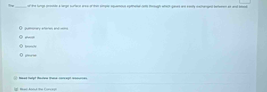 Tre _of the lungs provide a large surface area of thin simple squamous epithelial cells through which gases are easily exchanged between air and blood
pulmonary arteries and veins
alveoli
bronchl
pleurse
Need help? Review these concept resources.
] Read About the Concept