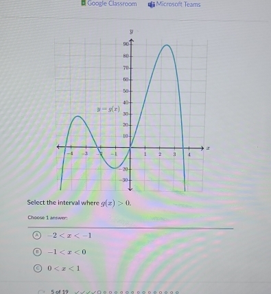 # Google Classroom Microsoft Teams
Select the interval where g(x)>0.
Choose 1 answer:
A -2
a -1
0
5 of 19