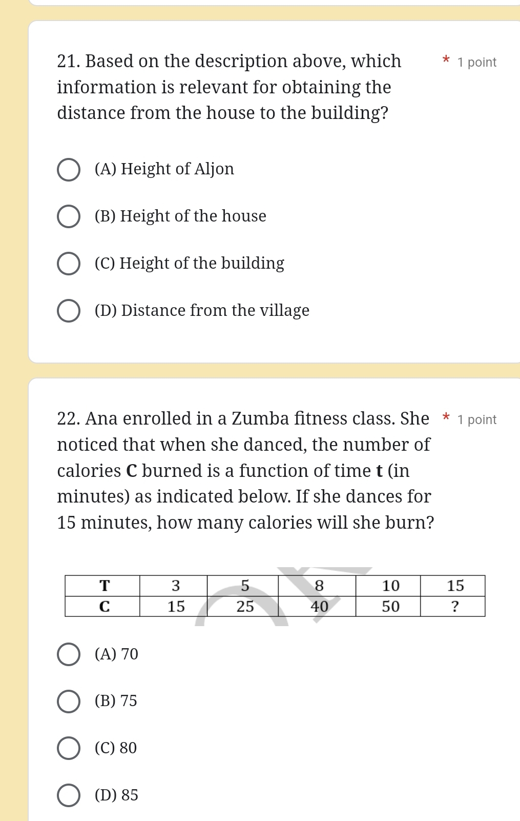 Based on the description above, which 1 point
information is relevant for obtaining the
distance from the house to the building?
(A) Height of Aljon
(B) Height of the house
(C) Height of the building
(D) Distance from the village
22. Ana enrolled in a Zumba fitness class. She * 1 point
noticed that when she danced, the number of
calories C burned is a function of time t (in
minutes) as indicated below. If she dances for
15 minutes, how many calories will she burn?
(A) 70
(B) 75
(C) 80
(D) 85