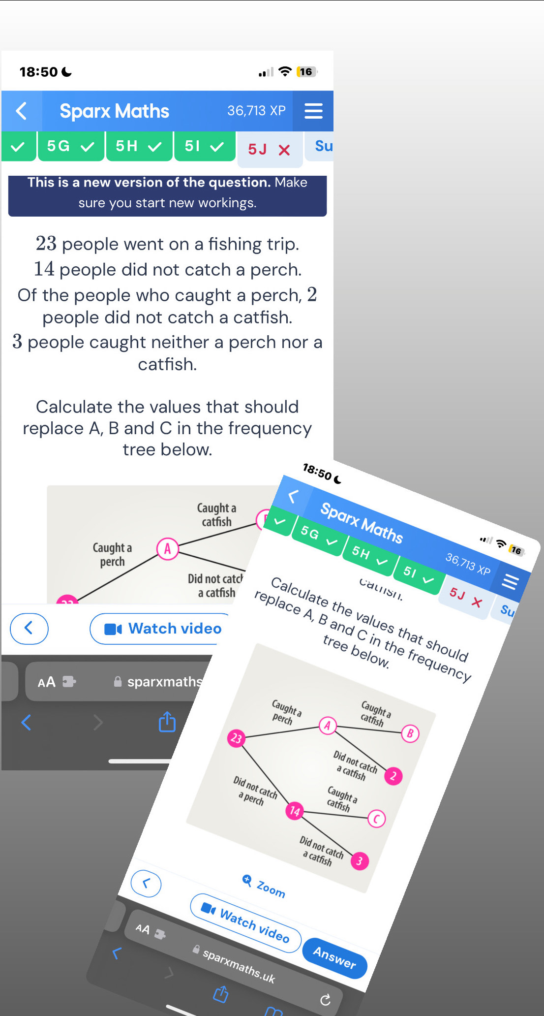 18:50 
Sparx Maths 36,713 XP 
5G 5H 51 Su 
This is a new version of the question. Make 
sure you start new workings.
23 people went on a fishing trip.
14 people did not catch a perch. 
Of the people who caught a perch, 2
people did not catch a catfish.
3 people caught neither a perch nor a 
catfish. 
Calculate the values that should 
replace A, B and C in the frequency 
tree below.
18:50 ( 
Caught a 
catfish
5G
Sparx Maths 36,713 XF 
Caught a A 5H
16
perch
51
catsn. 
5J 
+ 
Su 
Did not catc Calculate the values that shoul 
< • Watch video 
a catfish replace  A, B and C in the frequenc 
tree below. 
sparxmaths 
Caught a 
Caught a 
catfish 
perch A 
Did not catch a catfish 
Did not catch a perch 
Caught a 
catfish 
C 
Did not catch 
a catfish 
Q Zoom 
Watch video Answer 
sparxmaths.uk