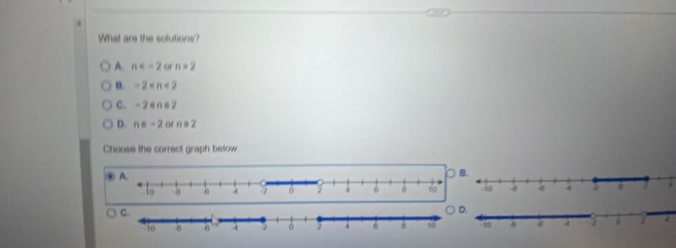 What are the solutions?
A. n of n>2
B. -2
C. -2≤ n≤ 2
D. n≤ -2 Of n≥ 2
Choose the correct graph below.