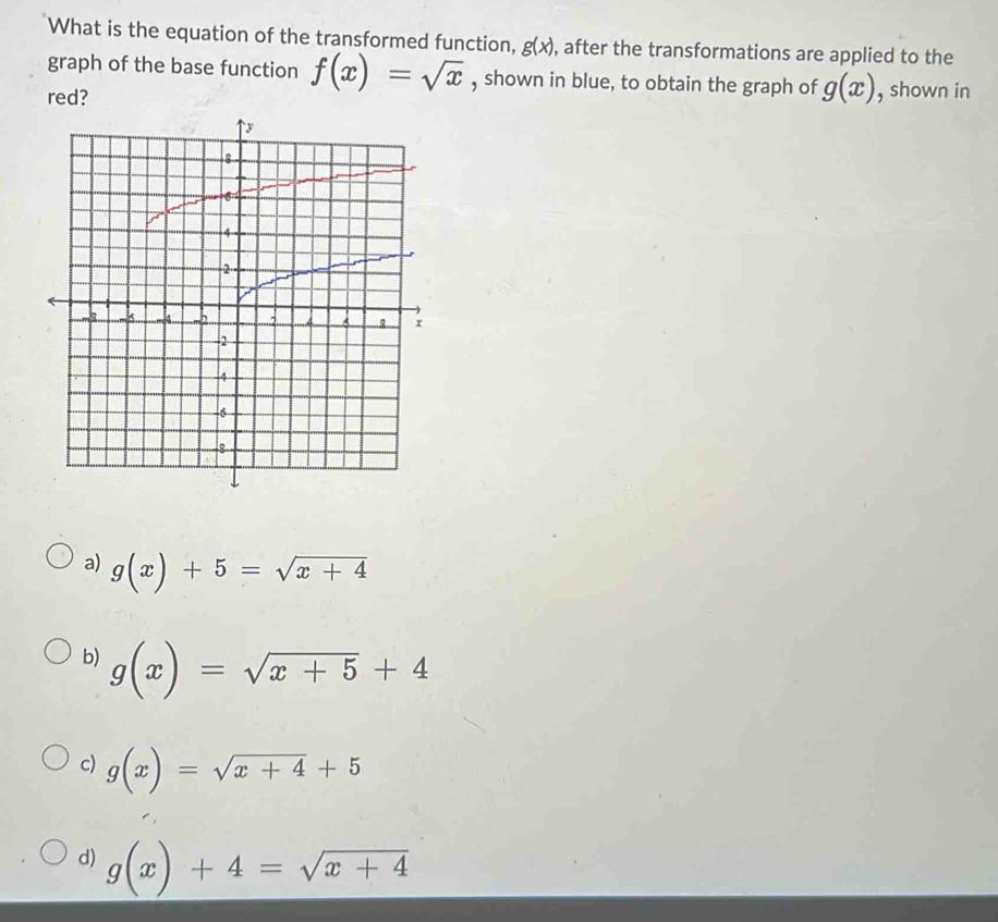 What is the equation of the transformed function, g(x) , after the transformations are applied to the
graph of the base function f(x)=sqrt(x) , shown in blue, to obtain the graph of g(x)
red? , shown in
a) g(x)+5=sqrt(x+4)
b) g(x)=sqrt(x+5)+4
c) g(x)=sqrt(x+4)+5
d) g(x)+4=sqrt(x+4)